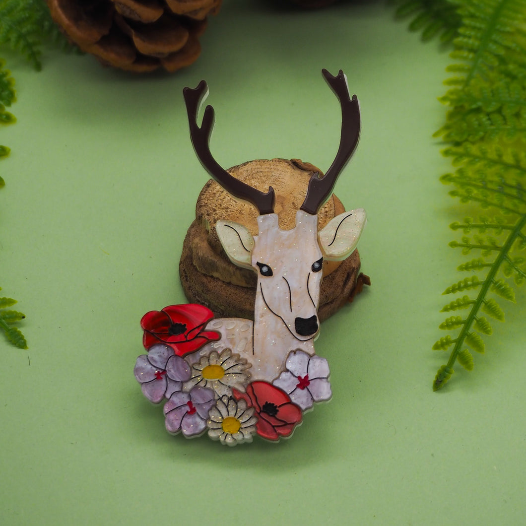 Deer Among Wildflowers Acrylic Brooch
