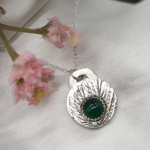 Leaf Print Green Agate Gemstone Silver Pendant