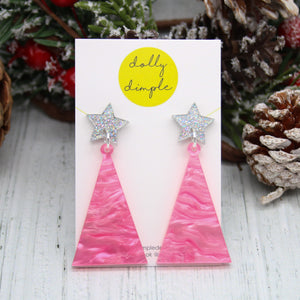 Christmas Tree Dangle Earrings, Marble Baby Pink and Silver