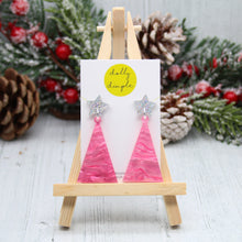 Load image into Gallery viewer, Christmas Tree Dangle Earrings, Marble Baby Pink and Silver
