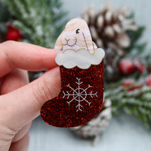 Load image into Gallery viewer, Bunny in a Stocking Acrylic Brooch
