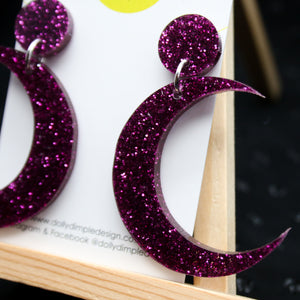 Purple Glitter Moon Dangle Earrings