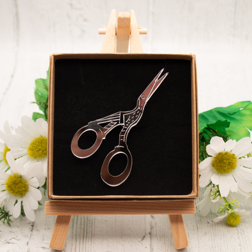 Stork Embroidery Scissor Brooch