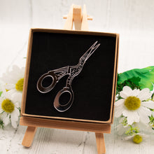 Load image into Gallery viewer, Stork Embroidery Scissor Brooch
