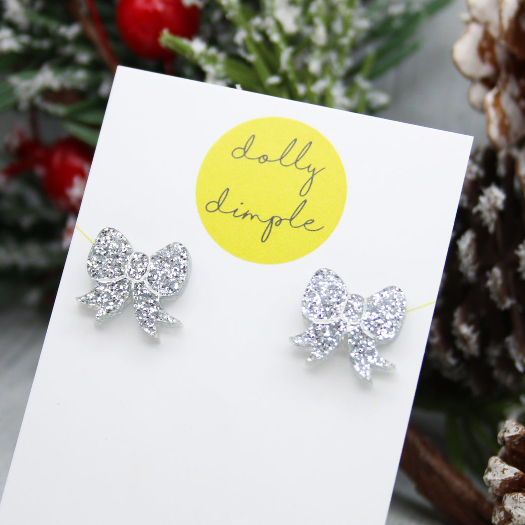 Gift Bow Stud Earrings, Silver Glitter