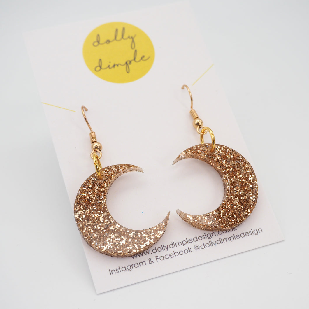 Moon Dangle Earrings, Gold Glitter
