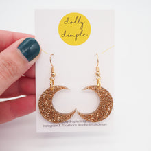 Load image into Gallery viewer, Moon Dangle Earrings, Gold Glitter
