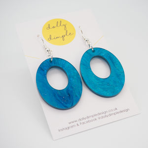 Oval Dangle Earrings, Blue Marble Sparkle Acrylic