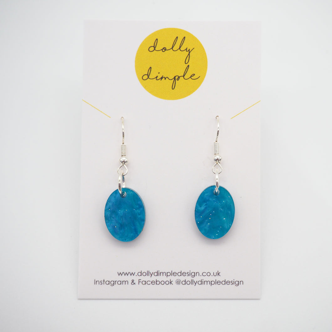 Small Oval Dangle Earrings, Blue Marble Sparkle Acrylic