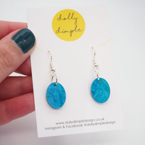 Small Oval Dangle Earrings, Blue Marble Sparkle Acrylic
