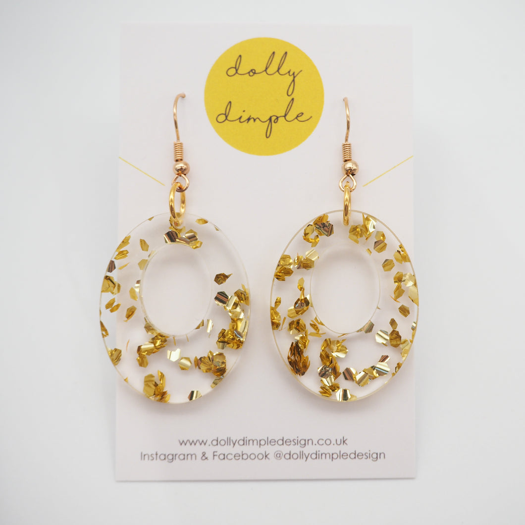 Oval Dangle Earrings, Gold Fleck Acrylic