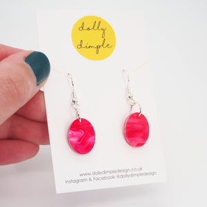 Small Oval Dangle Earrings, Hot Pink Marble Acrylic