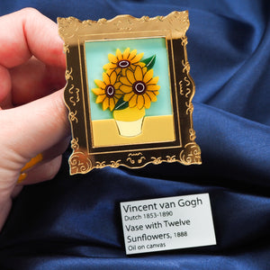 'Twelve Sunflowers in a Vase' Painting Brooch and Mini Label Brooch Set