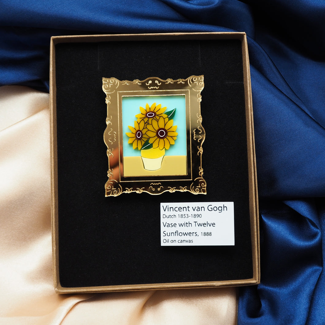 'Twelve Sunflowers in a Vase' Painting Brooch and Mini Label Brooch Set
