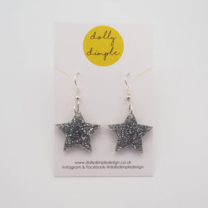 Star Dangle Earrings, Silver Glitter