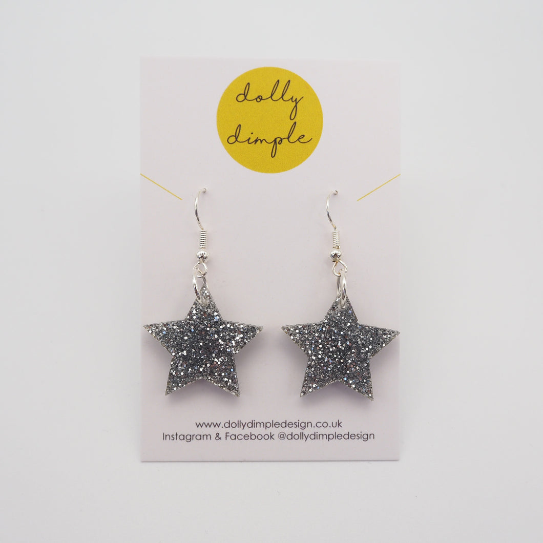 Star Dangle Earrings, Silver Glitter
