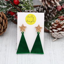 Load image into Gallery viewer, Christmas Tree Dangle Earrings, Green and Gold
